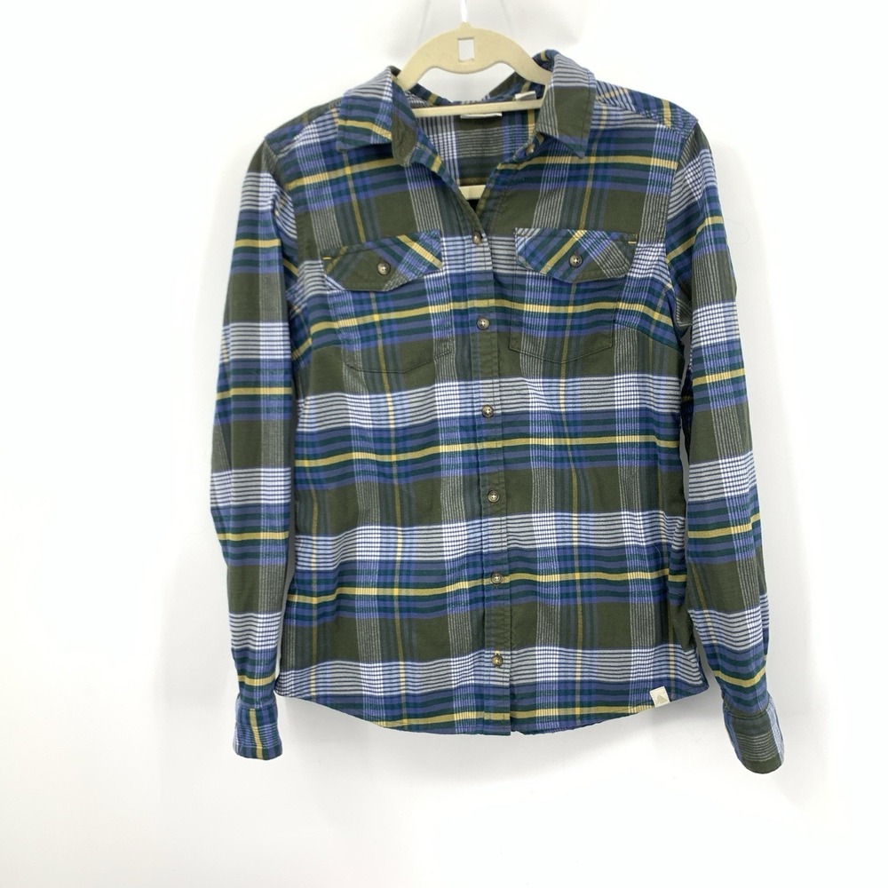 LL Bean Women Size Small Shirt Button‎ Down Top Flannel Blue Green Plaid Stretch